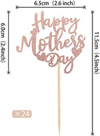 24 PCS Happy Mother's Day Cupcake Toppers with Glitter Heart Love Mother Best Mom Cupcake Picks for Happy Mother's Day Theme Women Birthday Party Cake Decorations Supplies Rose Gold