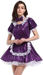 JOLINE Sweet Maid Shiny Metallic Satin Costume Dress Sissy Crossdressing Uniform Lace Ruffle Outfit