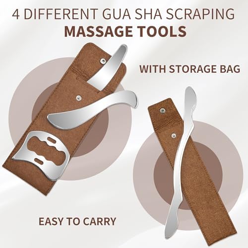 Muscle Scraper Tool, 4 in 1 Gua Sha Body Tool with Long Bar and Derma Edge for Physical Therapy, Multi-Functional Stainless Steel Gua Sha Tool with Storage Bag for Elbows, Wrists, Knees, and Back