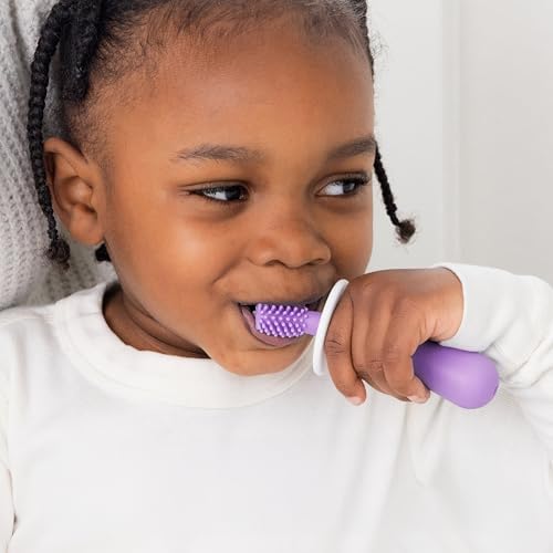 Ubbi Grow with Me Toothbrush Training Set for Babies and Toddlers, Includes One 360° Food-Grade Platinum Silicone and One Soft Bristled Toothbrush, Smoothie Purple and Zest Green