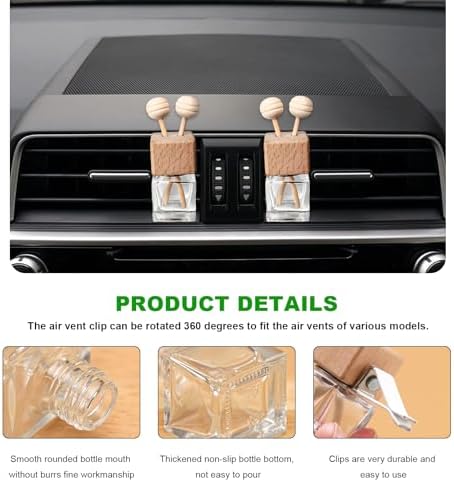 2PCS Car Diffuser Air Freshener Bottle, Empty Essential Oil Perfume Glass Bottle with Vent Clip, Wooden Clear Aromatherapy Fragrance Ornament Auto Decor, Interior Car Accessories
