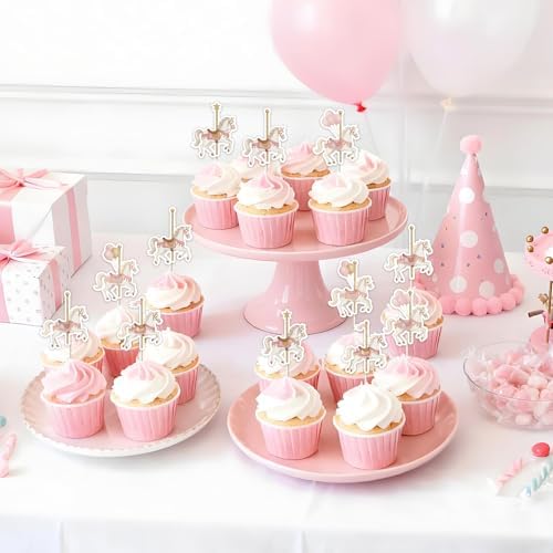 36pcs Carousel Horses Cupcake Toppers, Carnival Merry-Go-Round Theme Cake Decorations Double-sided Printed for Girls Carousal Horse Carnival Circus Birthday Party