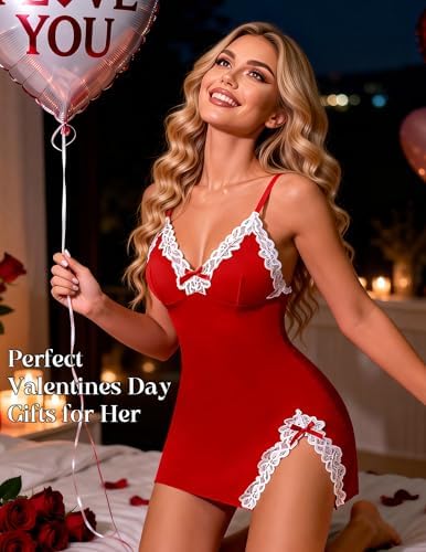 Girece Lingerie for Women Sexy Night Gowns Lace Trim Sleep Dress V Neck Babydoll Chemise Dress Side Split Nighty