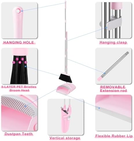 BSKLIN Broom and Dustpan Set House Brooms for Sweeping Indoor Collapsible Broom and Dust Pan Combo for Home Office Kitchen Lobby Floor Pet Hair (Pink)