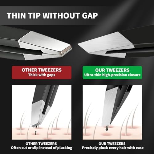 Professional Slant Tweezers for Eyebrows & Facial Hair - Precise Aligned Stainless Steel Remover with Storage Case(Black)