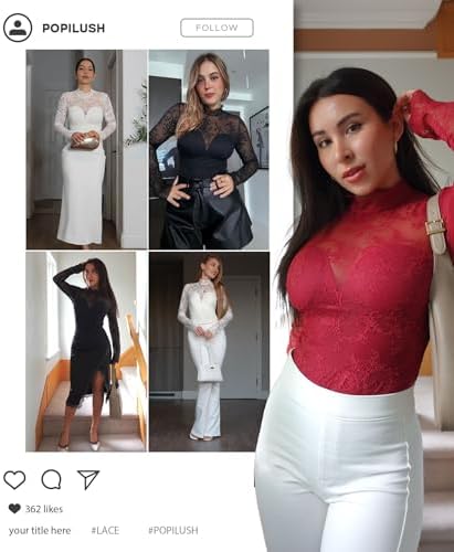 Popilush Long Sleeve Body Suits Womens Tummy Control Open Back Sheer Top Built in Bra Turtleneck Lace Shapewear Bodysuit