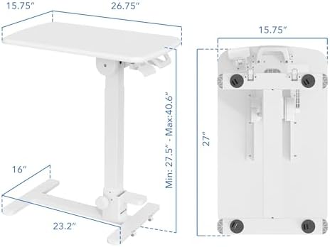 Mount-It! Foldable Overbed Table with Wheels – Height Adjustable Rolling Bedside Table, No Assembly Required, Ultra-Low Profile Base Fits Under Beds & Sofas, for Home and Hospital Use