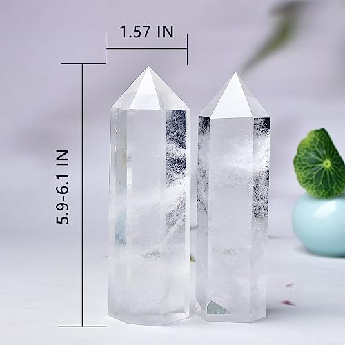 Large Clear Quartz Healing Crystal Towers 5.9" -6.1" Natural Crystal Wand 6 Faceted Chakra Crystal Point Reiki Meditation Therapy Home Decoration Gift (1-1.2lb)