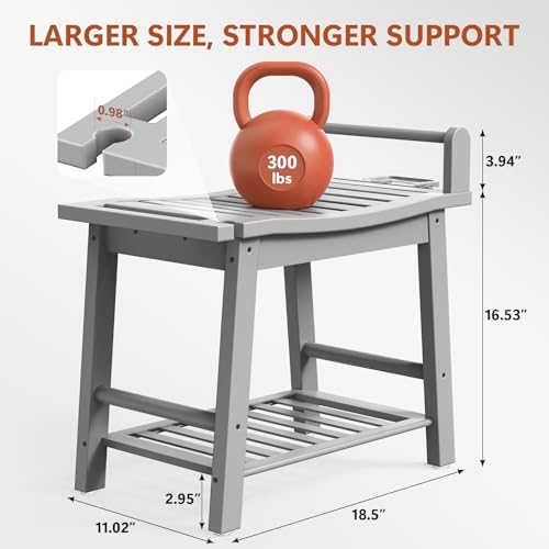 Bamboo Shower Benches for Inside Shower to Sit on, 2-Tier Shower Stool Waterproof with Arm, Heavy Duty Bathroom Bench with Storage Shelf and Shower Header Holder for Seniors, Disabled, Women, Gray