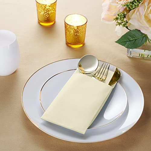 50-Pack Disposable Linen-Feel Dinner Napkins with Built-in Flatware Pocket, CREAM Prefolded Cloth Like Paper Napkins For Dinner, Wedding Or Party [Silverware NOT Included]