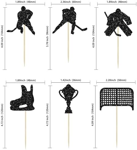 24Pcs Hockey Cupcake Toppers Black Glitter Hockey Players Cupcake Picks Ice Hockey Sports Theme Cake Decorations for Baby Shower Boys Girls Birthday Party Cake Decorations Supplies