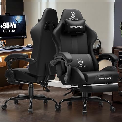 GTPLAYER Gaming Chair with Foot Rest & Pocket Spring Cushion, Ergonomic High Back Computer Chair with Headrest & 360°-Swivel Seat for Home Office Desk, PU Leather, Black