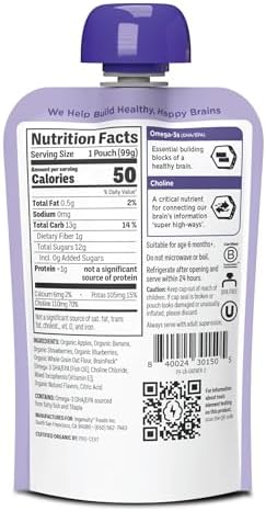 Little Brainiac Breakfast Blend Organic Fruit & Oat Toddler Pouches, Berry Apple Oat with Omega-3s DHA/EPA and Choline, Clean Label, BPA-Free, Non-GMO, 3.5 oz, Pack of 12