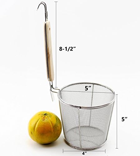 Large Flat Cylinder Wok Strainer Colander Fry Basket - Stainless Steel, Wooden Handle for heat resistance, fine mesh 5" x 5" スプーン Udon Pasta Noodle Ramen Rinsing Straining Boiling Frying