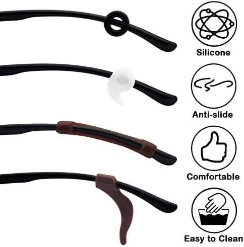 Benvo 12 Pairs Eyeglasses Retainers Silicone Glasses Temple Holders Anti-slip Protectors Comfort Eyewear Spectacle Stay Put Glasses Stoppers for Sport, Study(4 Variety Designs in Black, Clear, Brown)