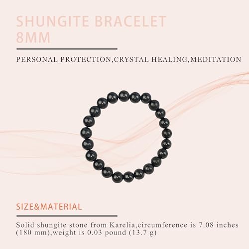 Shungite Bracelet - Natural Black Shungite Stone Beads, Healing Crystal Energy Protection, Handcrafted Jewelry