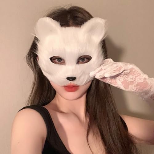 Soochat Fox Mask Half Face Wolf Mask Plush Therian Masks for Cosplay Halloween Masquerade Costume Party Cosplay Props (White)