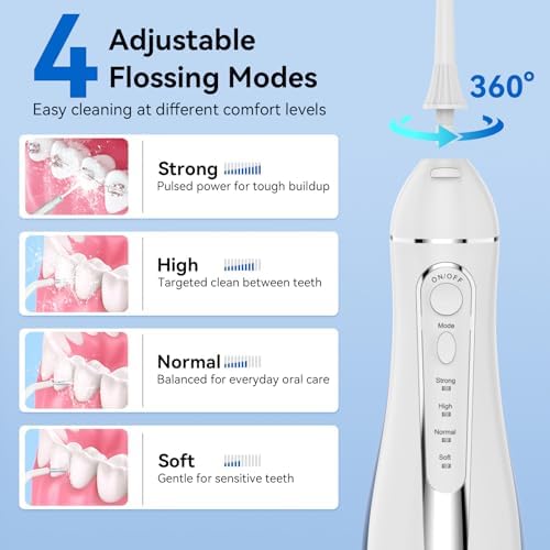 Water Flosser for Teeth Cleaning: Cordless Portable Water Dental Pick, 4 Modes Rechargeable Oral Irrigator with 5 Nozzles, 300ML IPX7 Waterproof Electric Flossers for Braces, Travel & Home Use, White