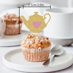 18pcs Gold Glitter Teapot Dessert Cupcake Topper Pick for Afternoon Tea Time Theme Decorations Men Women Children Happy Birthday Baby Shower Party Decor Supplies