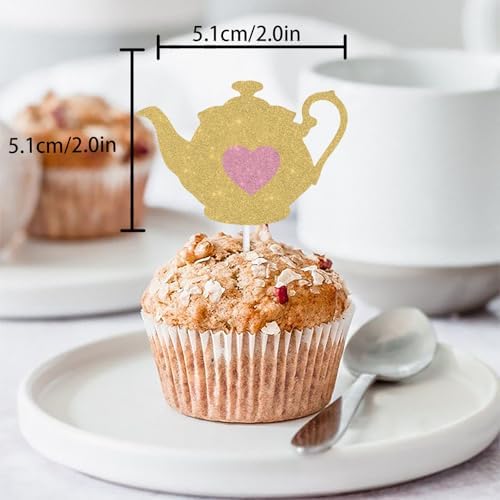 18pcs Gold Glitter Teapot Dessert Cupcake Topper Pick for Afternoon Tea Time Theme Decorations Men Women Children Happy Birthday Baby Shower Party Decor Supplies