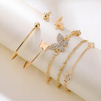 Gold Bracelet Set for Women, 5Pcs Rhinestone Butterfly & Crystal Charm Bracelets with Cuff & Chain Design, Stackable Layered Bracelets, Fashion Jewelry for Party Daily Wear