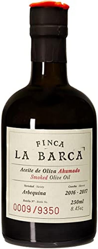 Finca La Barca | Smoked Arbequina | Extra Virgin Olive Oil | Extremadura Spain | Finishing & Drizzling Salad, Meat, Soup, Pizza | 8.45 Fl Oz (250 ml)