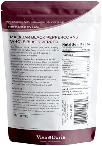 Viva Doria Malabar Black Peppercorns, Whole Black Pepper, Black Peppercorn For Grinder Refills, 12 Ounces