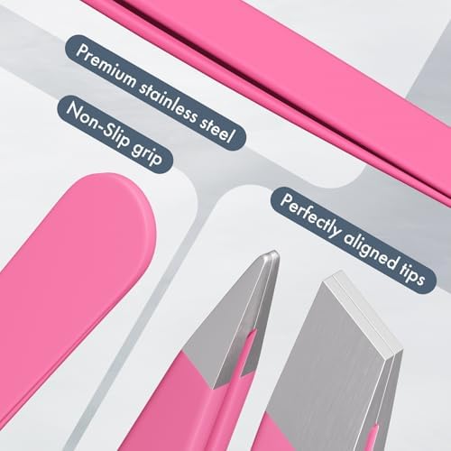 Tweezers for Women Facial Hair, Slant & Pointed Tweezers for Eyebrows, Ingrown Hair, Splinter Removal, 2 Pack Tweezer Set, Professional Stainless Steel Eyebrow Tweezers for Men and Women, Pink