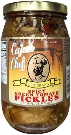 Cajun Chef Spicy Green Tomato Pickles 16oz (Pack of 2) - Tangy and Delicious Side Dish - Perfect Garnish for Any Meal - Fried Green Tomatoes, Salads, Stews, Pizza Topping,