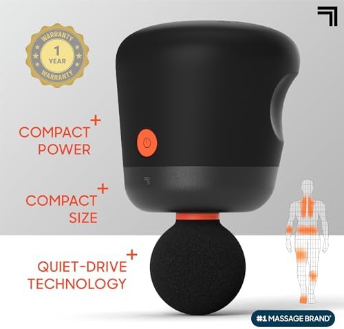 Sharper Image Mini Massage Gun, Powerboost Palm Rechargeable Deep Tissue Percussion Handheld Massager, 4 Adjustable Speeds, 4 Attachment Heads, Full Body Muscle Pain Relief Gift, Black