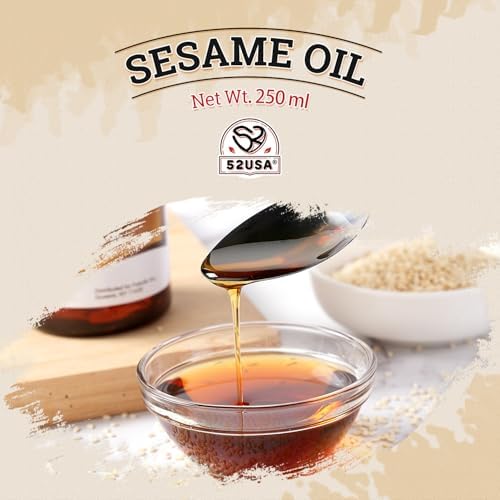 52USA Sesame Oil, Toasted Sesame Oils, Sesames Oil Cooking, 8.45 Fl Oz (250 ml)–Premium Toasted Sesame Seed Oil, Aromatic & Nutty Flavor, 100% Pure Sesame Oil, Ideal for Asian Cooking, Baking, Soup