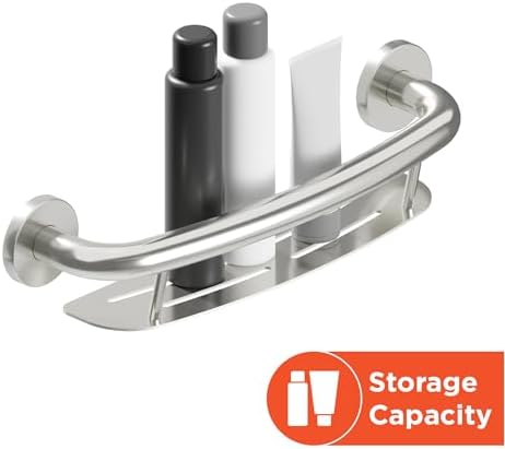 HEALTHCRAFT Plus 2-in-1 Shampoo Shelf and Grab Bar 16" inch, ADA Compliant, Wall-Mounted Bathroom Safety Grab Bar for Seniors, Supports up to 500 lbs in Brushed Stainless