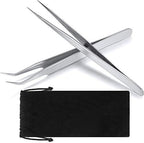 2 Pieces Straight and Curved Tip Tweezers Eyelash Extension Tweezers, Stainless Steel False Lash Application Tools (Silver)