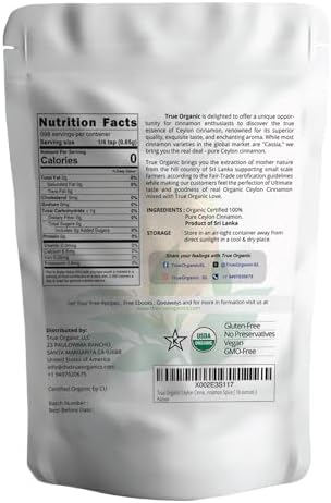 True Organic Pure Ceylon Cinnamon Powder, 1 lb, Premium Grade, Gluten Free, USDA & Kosher Certified, Organic Ground Cinnamon powder, Non-GMO, Ceylon Premium Quality