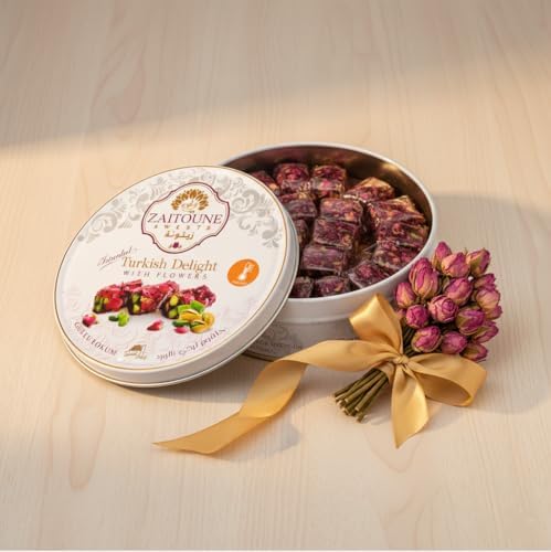 Zaitoune Rose Covered Turkish Delight - 9 oz | Stuffed with Pistachios & Cashews | Coated with Dried Rose Petals | Authentic Luxury Lokum Sweets in Beautiful Gift Tin | Handmade, Individually Wrapped