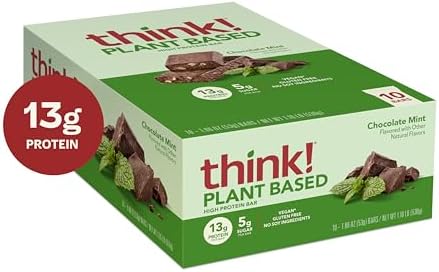 think! Vegan/Plant Based High Protein Bars - Chocolate Mint, 13g Protein, 5g Sugar, No Artificial Sweeteners, Non GMO Project Verified, 10 Count (Packaging May Vary)