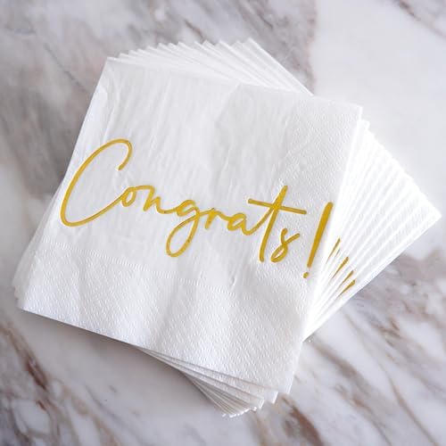 Congratulations Paper Napkins - 50 Pack White Gold Foil "Congrats!" Square Disposable Paper Beverage Cocktail Napkins 5"x5" Perfect for Engagement, Graduation, Baby Shower, Celebration Party