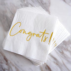 Congratulations Paper Napkins - 50 Pack White Gold Foil "Congrats!" Square Disposable Paper Beverage Cocktail Napkins 5"x5" Perfect for Engagement, Graduation, Baby Shower, Celebration Party