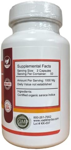 Vadik Herbs Ashoka Bark (Saraca Indica) 1000 mg Certified Organic 100 Vegicaps Natural Herbal Supplement for Women's Wellness