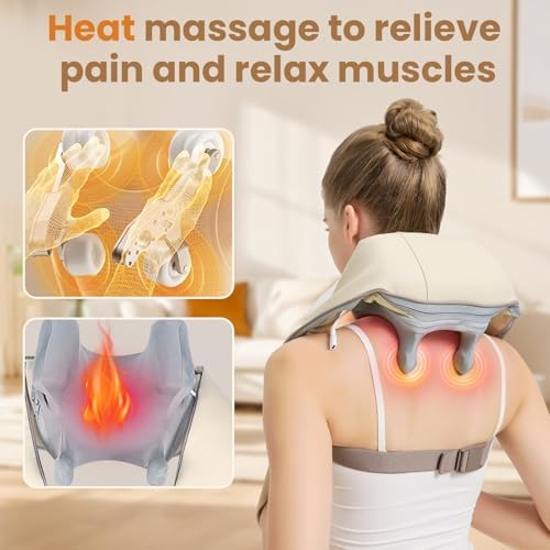 4D Wireless Deep Tissue Kneading Neck Massager with Heating Function, Shiatsu and Shoulder Massager Pillow,Back and Leg Pain Relief, Body Muscle Pain Relief,Mothers Day Gifts for Mom Wife.(Off White)