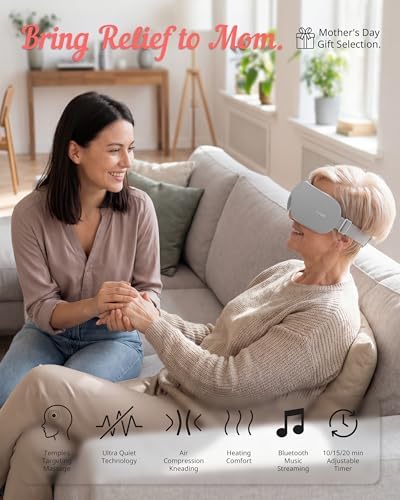 Ultra Quiet Eye Massager for Migraines with Temple Massage, Heat, Air Compression, Mother’s Day Gift for Mom, Bluetooth Music, 10/15/20 Min Timer, Foldable Eye Mask for Relief, Eye Strain, Eye Care