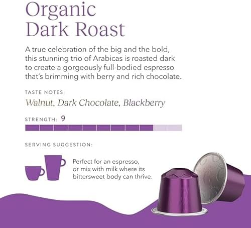 Cru Kafe Dark Roast USDA Organic Espresso Coffee Capsules (50 Pods) Fairtrade Coffee Pods Compatible with Nespresso Original Line and Pixie Machines