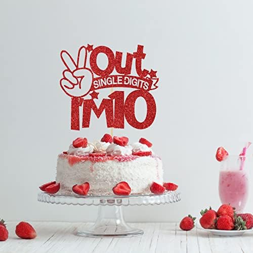 Out Single Digits I'm 10 Cake Topper, Double Digits 10, for Boys Girls 10th Birthday Decorations, Happy 10th Bithday Decorations Red Glitter