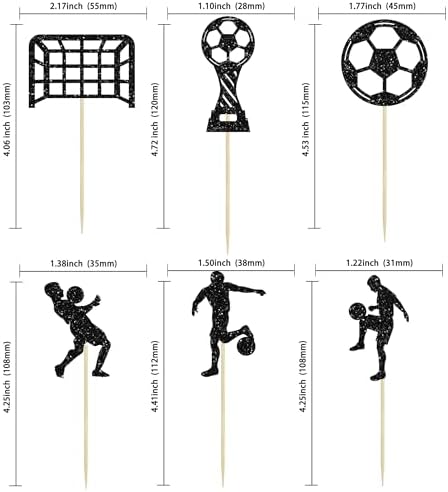 24Pcs Soccer Cupcake Toppers Glitter Soccer Ball Cupcake Picks Sport Cake Decorations Football Theme Birthday Party Baby Shower Kids Boys Men Birthday Party Favors Supplies Black