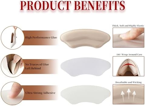 Heel Pads for Shoes, Soft and Flexible Heel Grips for Women Shoes Too Big, Relief of Pain for Women and Men, Improved Fit and Comfort, 4 Pairs