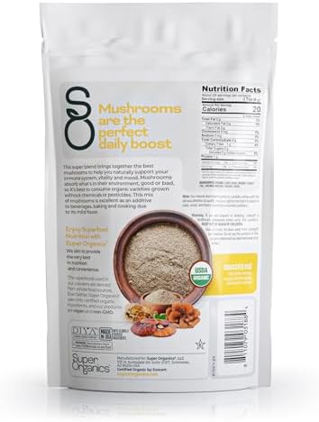 Super Organics Mushroom Memory Blend Powder – Organic Superfood Mushroom Supplement with Lion’s Mane, Reishi, Maitake & Turkey Tail, Vegan Adaptogenic Powder, 6 oz