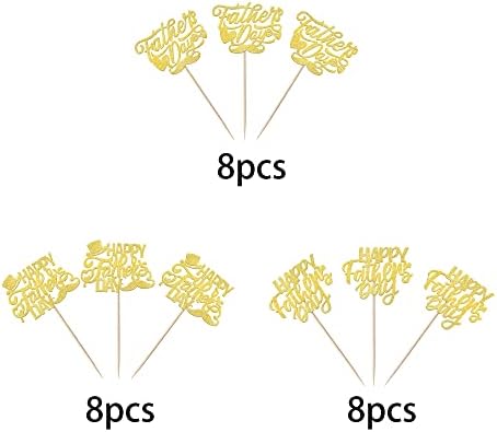 24 Pack Happy Father's Day Cupcake Toppers with Glitter Best Dad Cupcake Picks Love Dad Moustache Hat Cake Decorations for Father's Day Theme Men Birthday Party Supplies Gold