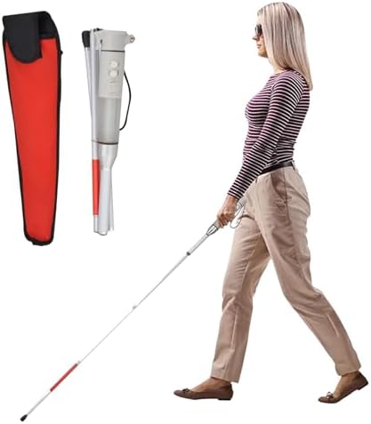 Flash folding blind cane - 4 Sections Aluminum alloy Folding Walking Cane for The Blind,with Sound and Light Voice Alarm + red reflective film(White,A(132cm/52in))