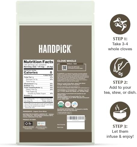 HANDPICK Organic Cloves Whole (2.3oz, 65g) Premium Cloves from South India | Packed in a Resealable Zip Lock Pouch | Perfect for Cooking, Smoothies, Pomander Balls & Tea