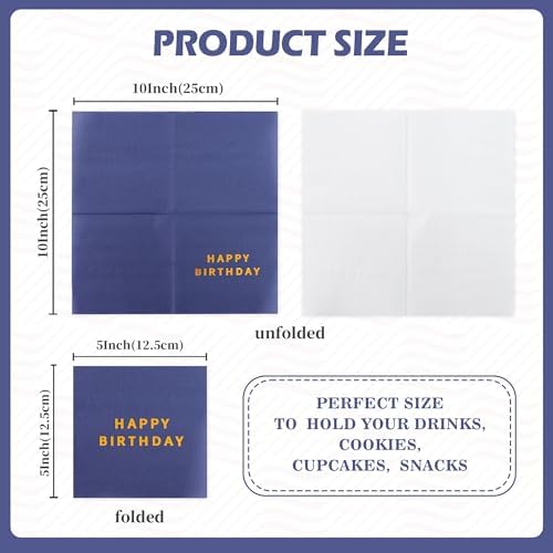 Vuzvuv 52 Pack Gold Foil Happy Birthday Cocktail Napkins - Birthday Party Dinner Hand Napkin for Party Supplies Decorations Table Decor for women man(5" Folded 3 Ply-Deep Blue)